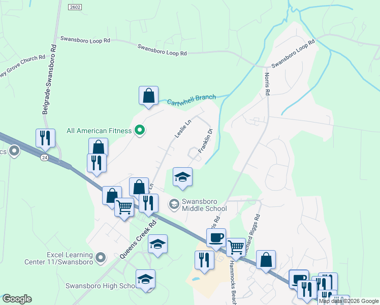 map of restaurants, bars, coffee shops, grocery stores, and more near 144 Franklin Drive in Swansboro