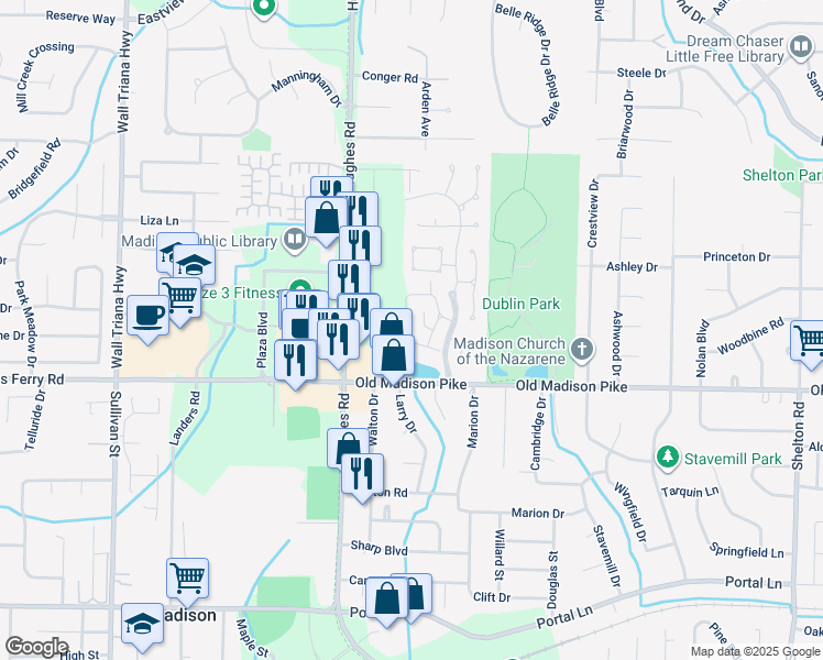 map of restaurants, bars, coffee shops, grocery stores, and more near 249 Waters Edge Lane in Madison