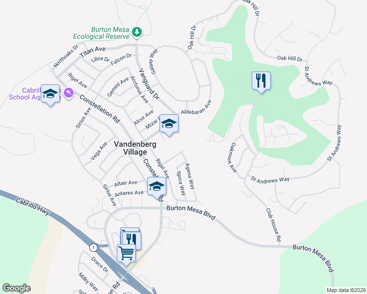 map of restaurants, bars, coffee shops, grocery stores, and more near 107 Deneb Place in Lompoc