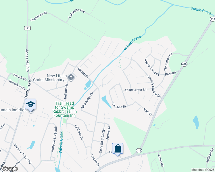 map of restaurants, bars, coffee shops, grocery stores, and more near 532 Garrett Street in Fountain Inn