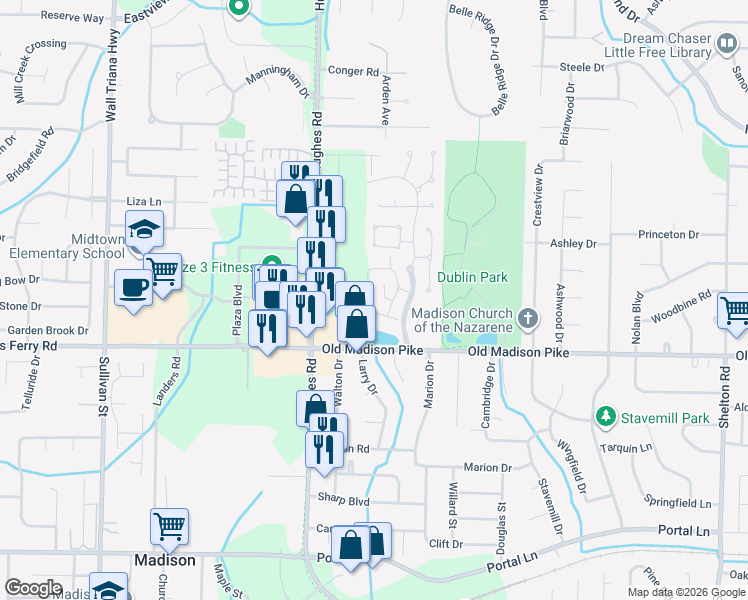 map of restaurants, bars, coffee shops, grocery stores, and more near 249 Waters Edge Lane in Madison