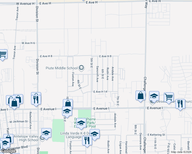 map of restaurants, bars, coffee shops, grocery stores, and more near 45431 Sancroft Avenue in Lancaster