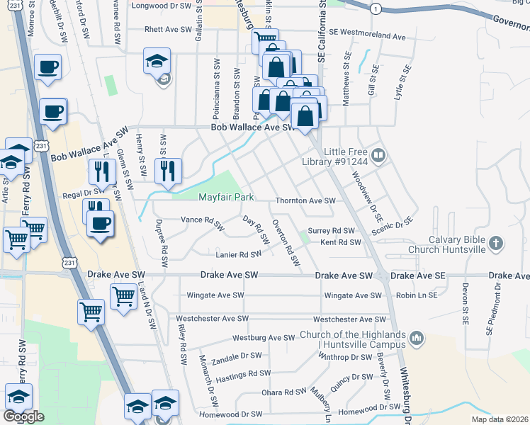 map of restaurants, bars, coffee shops, grocery stores, and more near 2702 Overton Road Southwest in Huntsville