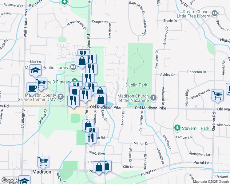 map of restaurants, bars, coffee shops, grocery stores, and more near 120 Millstone Lane in Madison
