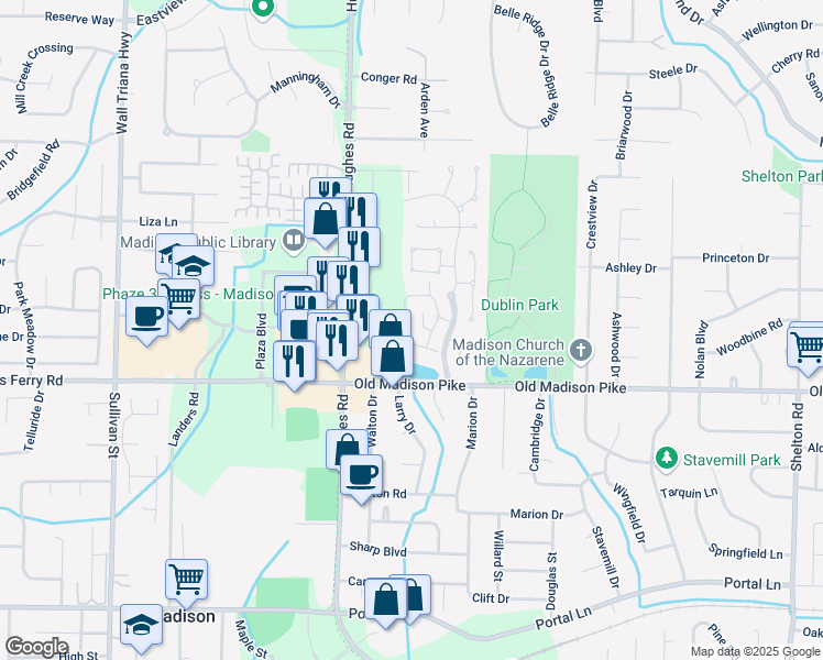 map of restaurants, bars, coffee shops, grocery stores, and more near 249 Waters Edge Lane in Madison