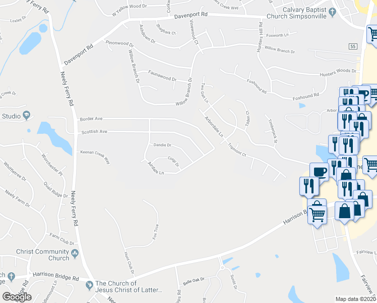map of restaurants, bars, coffee shops, grocery stores, and more near 67 Dandie Drive in Simpsonville