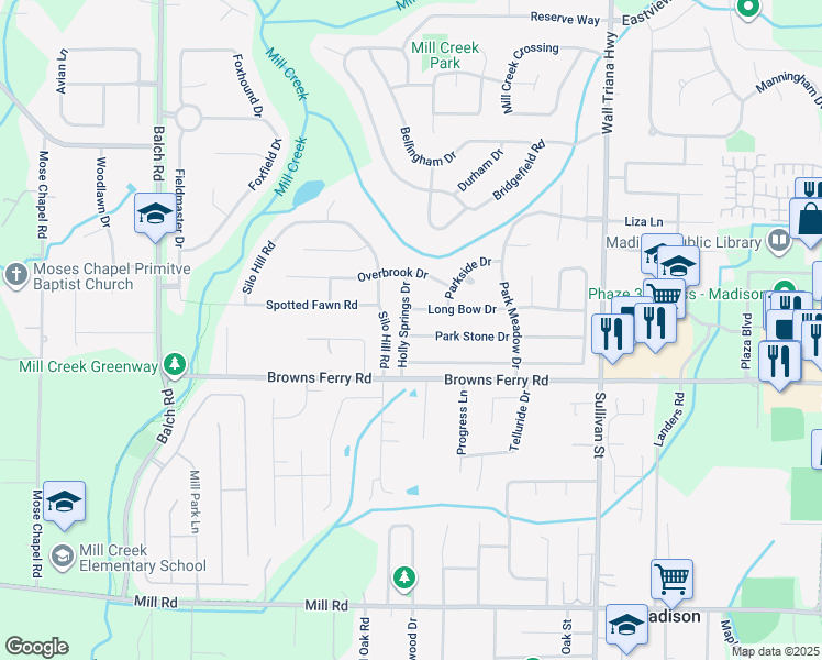map of restaurants, bars, coffee shops, grocery stores, and more near 228 Park Stone Drive in Madison
