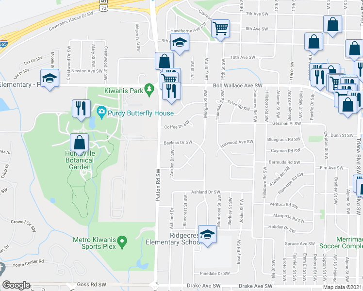 map of restaurants, bars, coffee shops, grocery stores, and more near 2908 Bayless Drive Southwest in Huntsville