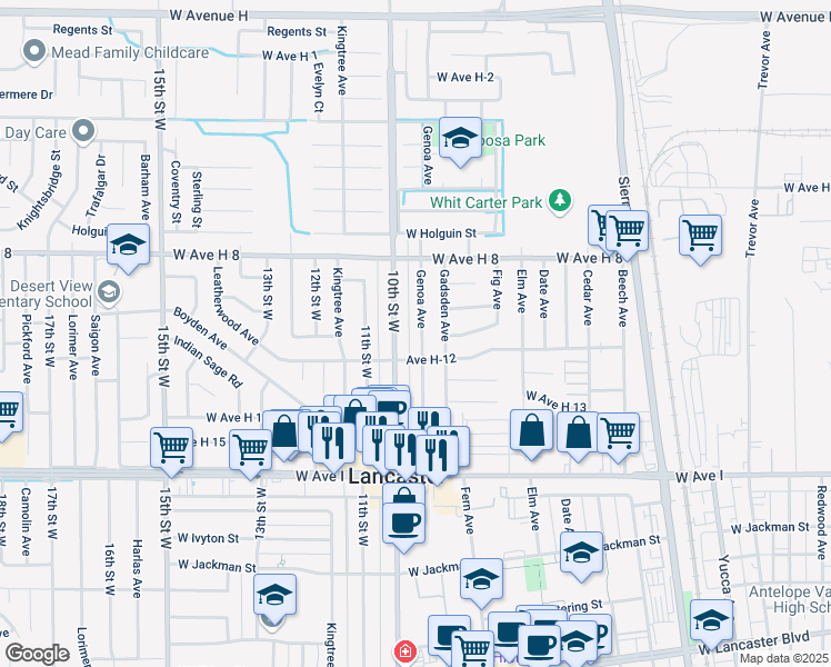 map of restaurants, bars, coffee shops, grocery stores, and more near 45429 Genoa Avenue in Lancaster