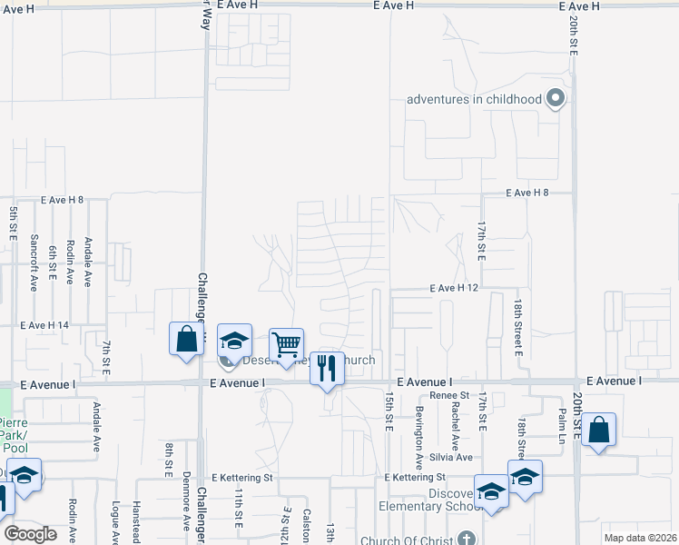 map of restaurants, bars, coffee shops, grocery stores, and more near 1301 East Avenue I in Lancaster