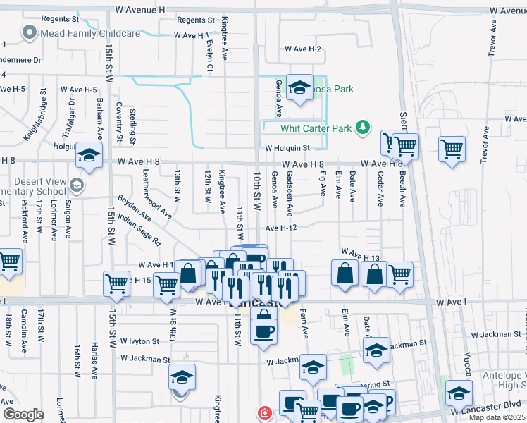 map of restaurants, bars, coffee shops, grocery stores, and more near 45426 10th Street West in Lancaster