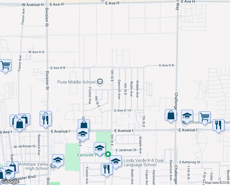 map of restaurants, bars, coffee shops, grocery stores, and more near 45437 Sancroft Avenue in Lancaster