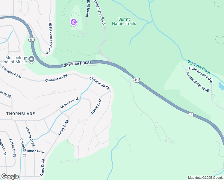 map of restaurants, bars, coffee shops, grocery stores, and more near 1435 Chandler Road Southeast in Huntsville