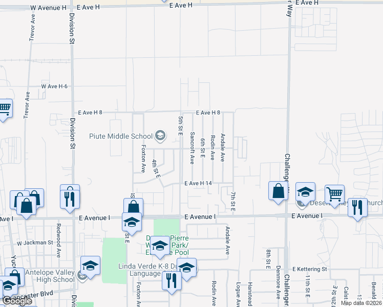 map of restaurants, bars, coffee shops, grocery stores, and more near 45431 Sancroft Avenue in Lancaster