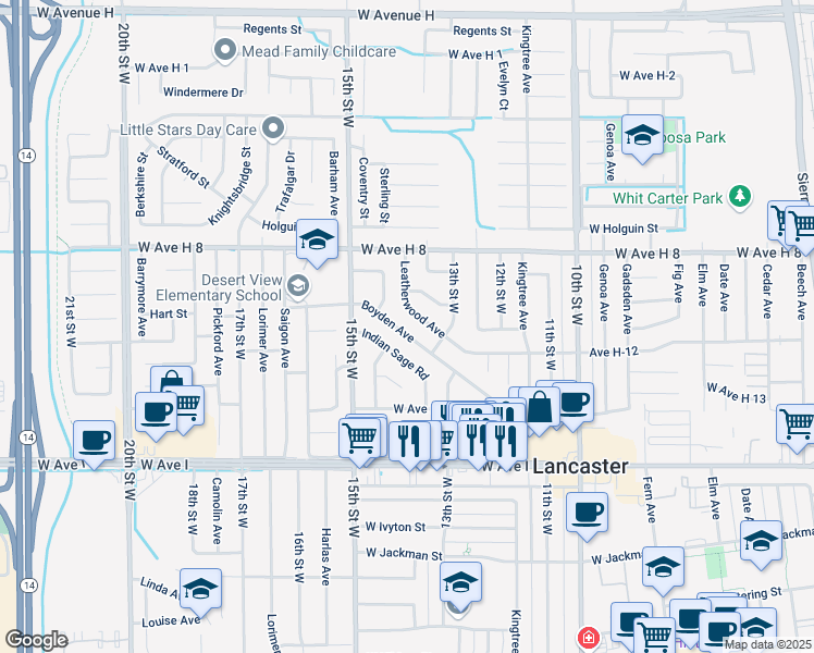 map of restaurants, bars, coffee shops, grocery stores, and more near 1409 Boyden Avenue in Lancaster