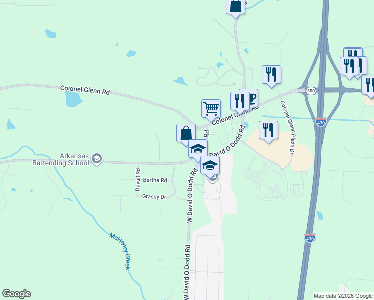 map of restaurants, bars, coffee shops, grocery stores, and more near 12626 Lawson Road in Little Rock