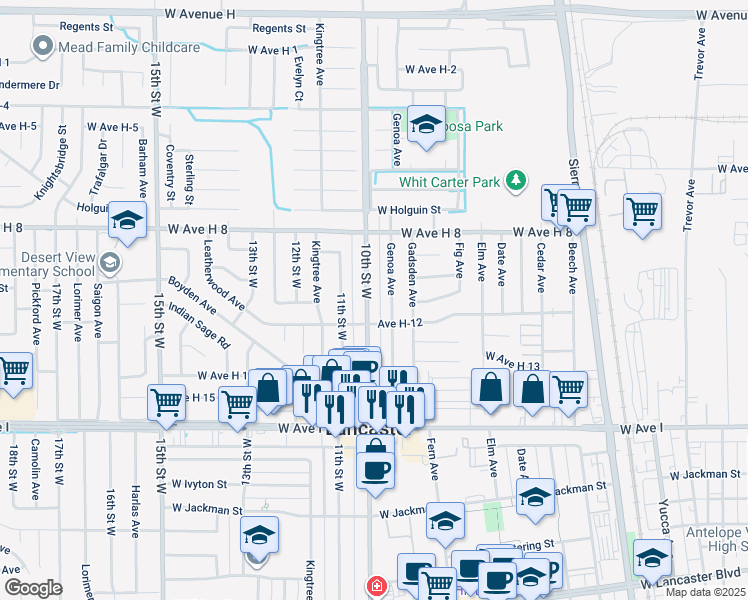 map of restaurants, bars, coffee shops, grocery stores, and more near 45426 10th Street West in Lancaster