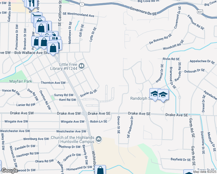 map of restaurants, bars, coffee shops, grocery stores, and more near 28 Saint James Square in Huntsville