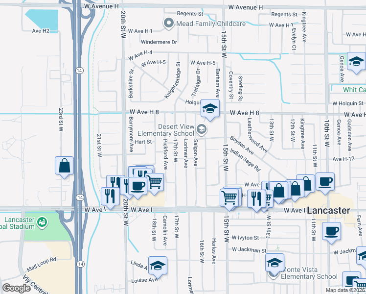 map of restaurants, bars, coffee shops, grocery stores, and more near 45427 Lorimer Avenue in Lancaster