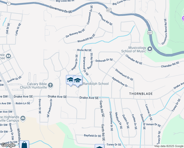 map of restaurants, bars, coffee shops, grocery stores, and more near 2703 Briarwood Circle Southeast in Huntsville