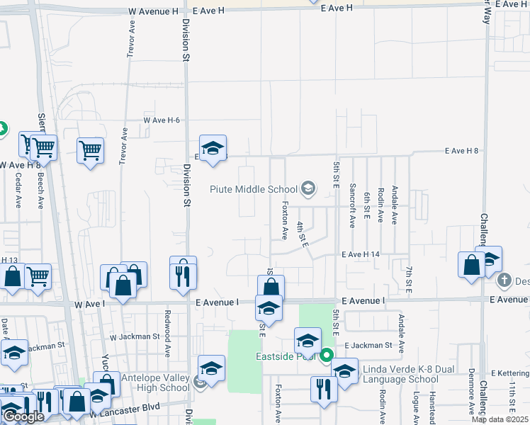 map of restaurants, bars, coffee shops, grocery stores, and more near 45449 East 3rd Street in Lancaster