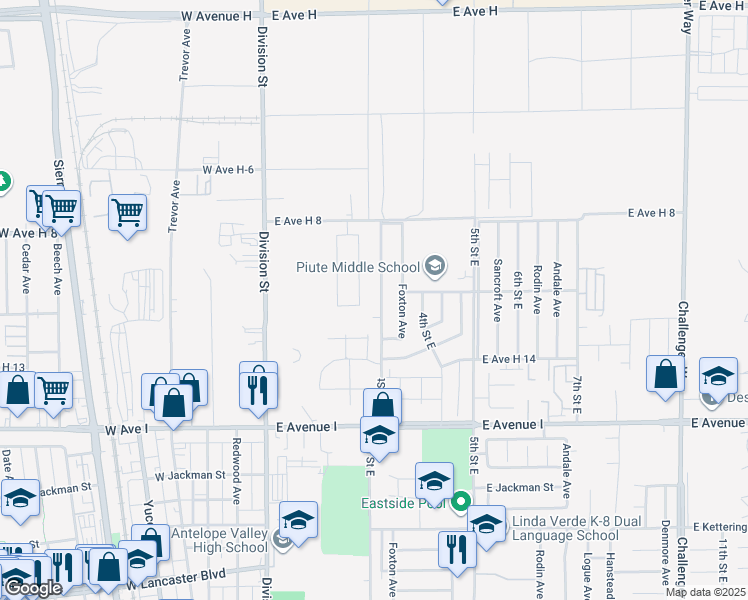 map of restaurants, bars, coffee shops, grocery stores, and more near 45449 East 3rd Street in Lancaster