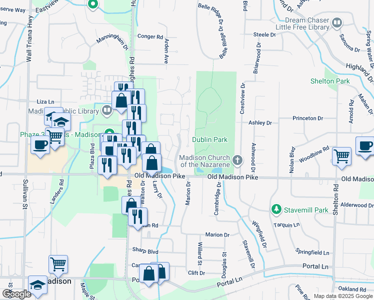 map of restaurants, bars, coffee shops, grocery stores, and more near 120 Millstone Lane in Madison