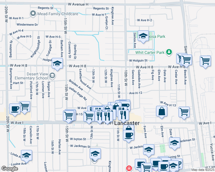 map of restaurants, bars, coffee shops, grocery stores, and more near 1133 West Avenue H-11 in Lancaster