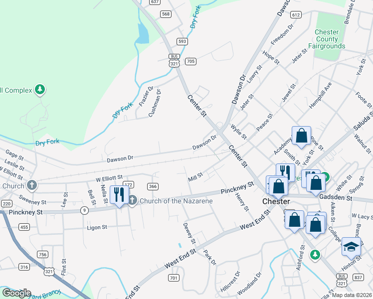 map of restaurants, bars, coffee shops, grocery stores, and more near 2590 Dawson Drive in Chester