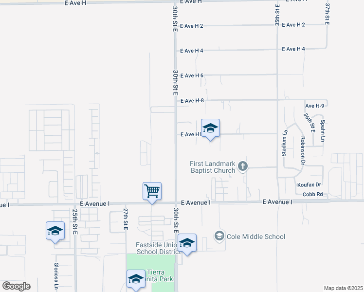 map of restaurants, bars, coffee shops, grocery stores, and more near 45418 30th Street East in Lancaster