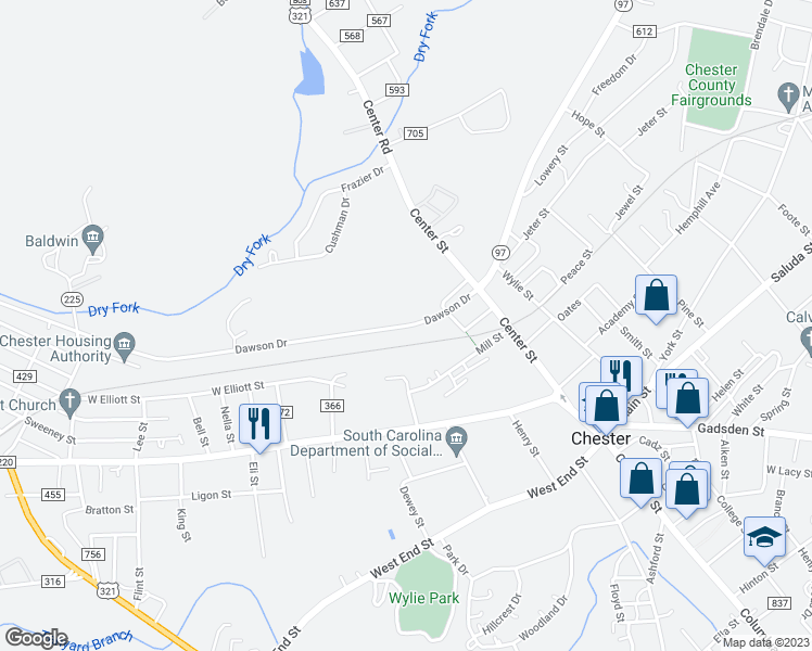 map of restaurants, bars, coffee shops, grocery stores, and more near 2590 Dawson Drive in Chester