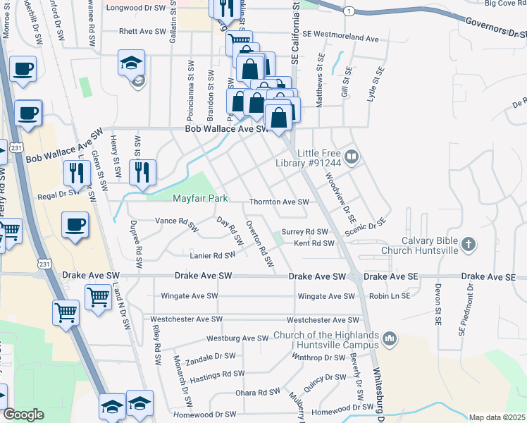 map of restaurants, bars, coffee shops, grocery stores, and more near 2711 Hastings Road Southwest in Huntsville