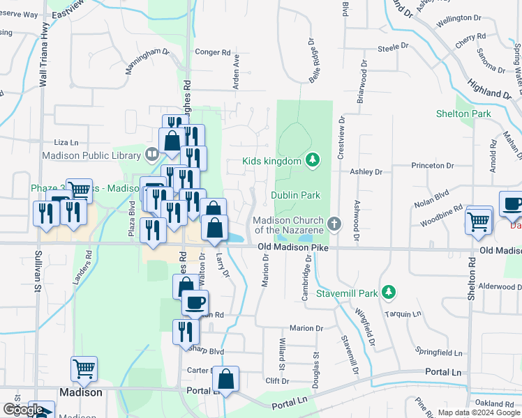 map of restaurants, bars, coffee shops, grocery stores, and more near 120 Millstone Lane in Madison