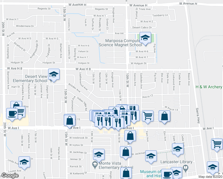 map of restaurants, bars, coffee shops, grocery stores, and more near 1133 West Avenue H-11 in Lancaster