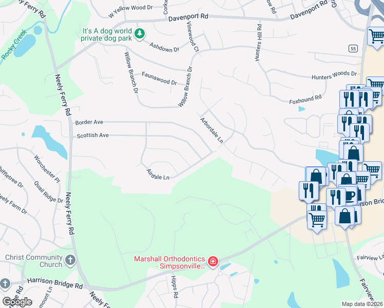 map of restaurants, bars, coffee shops, grocery stores, and more near 247 Scottish Avenue in Simpsonville