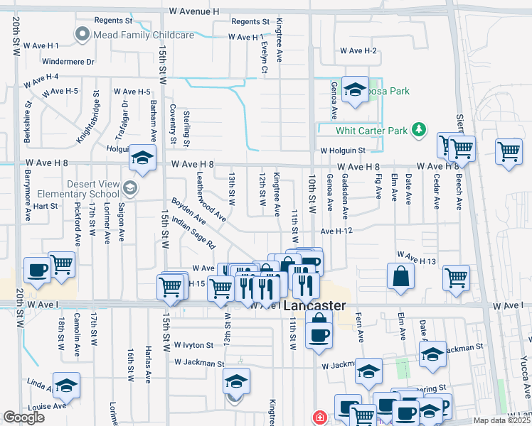 map of restaurants, bars, coffee shops, grocery stores, and more near 1133 West Avenue H-11 in Lancaster
