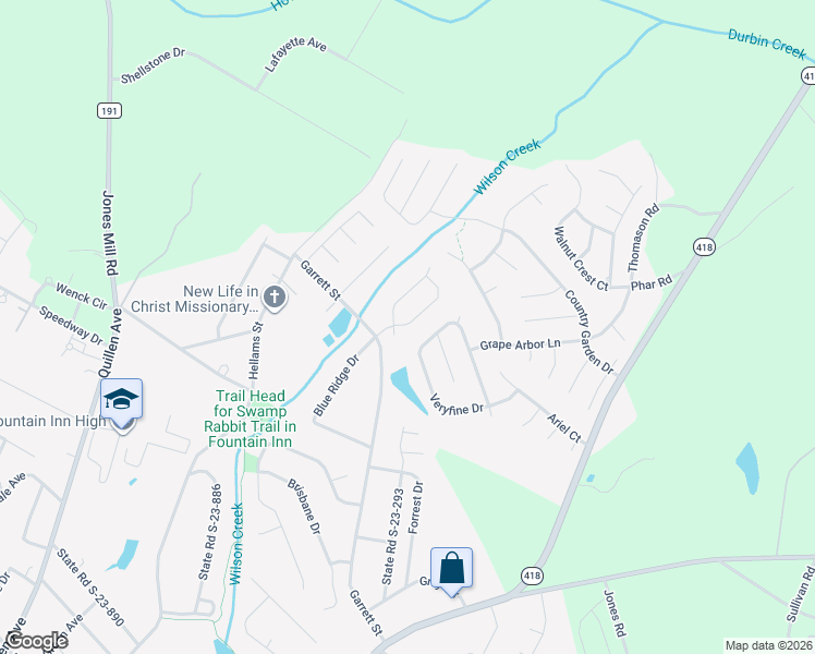 map of restaurants, bars, coffee shops, grocery stores, and more near 532 Garrett Street in Fountain Inn