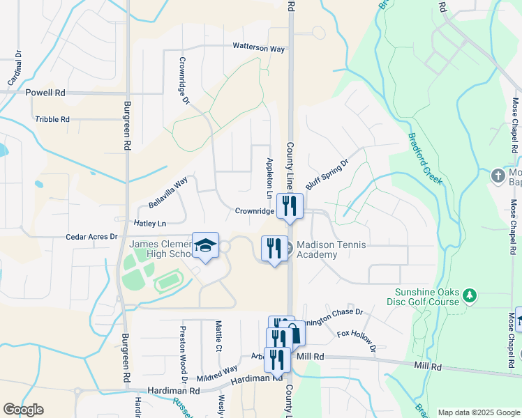 map of restaurants, bars, coffee shops, grocery stores, and more near 106 Crownridge Dr in Madison