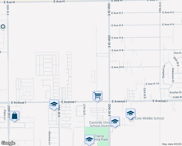 map of restaurants, bars, coffee shops, grocery stores, and more near 45415 28th Street East in Lancaster