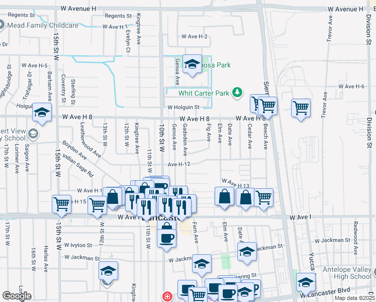 map of restaurants, bars, coffee shops, grocery stores, and more near 45430 Gadsden Avenue in Lancaster
