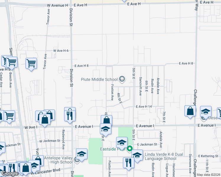 map of restaurants, bars, coffee shops, grocery stores, and more near 45481 Foxton Avenue in Lancaster