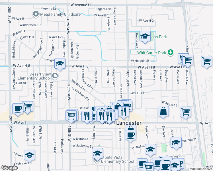 map of restaurants, bars, coffee shops, grocery stores, and more near 1058 West Avenue K in Lancaster