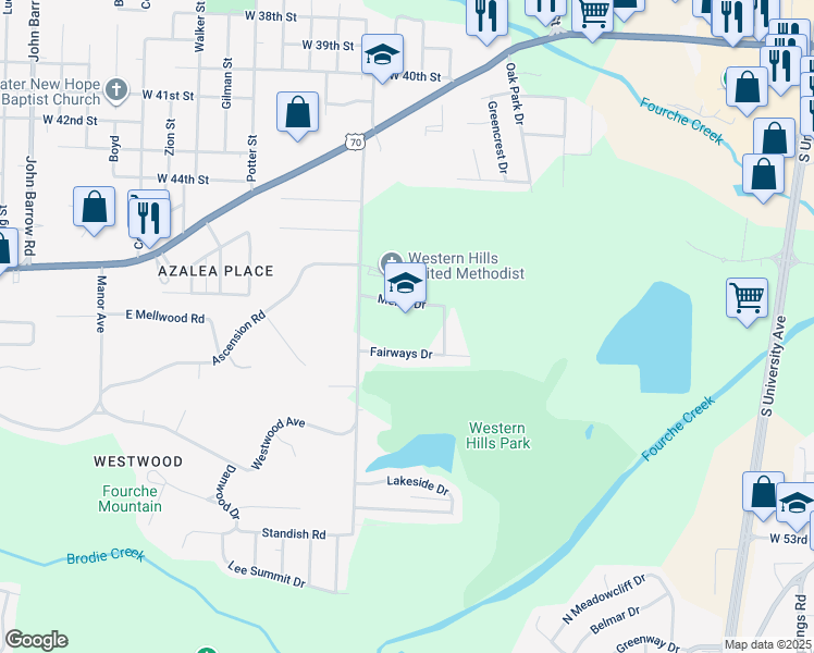 map of restaurants, bars, coffee shops, grocery stores, and more near 4901 Western Hills Avenue in Little Rock