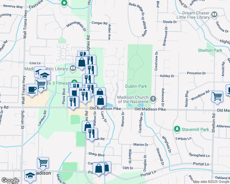 map of restaurants, bars, coffee shops, grocery stores, and more near 120 Millstone Lane in Madison