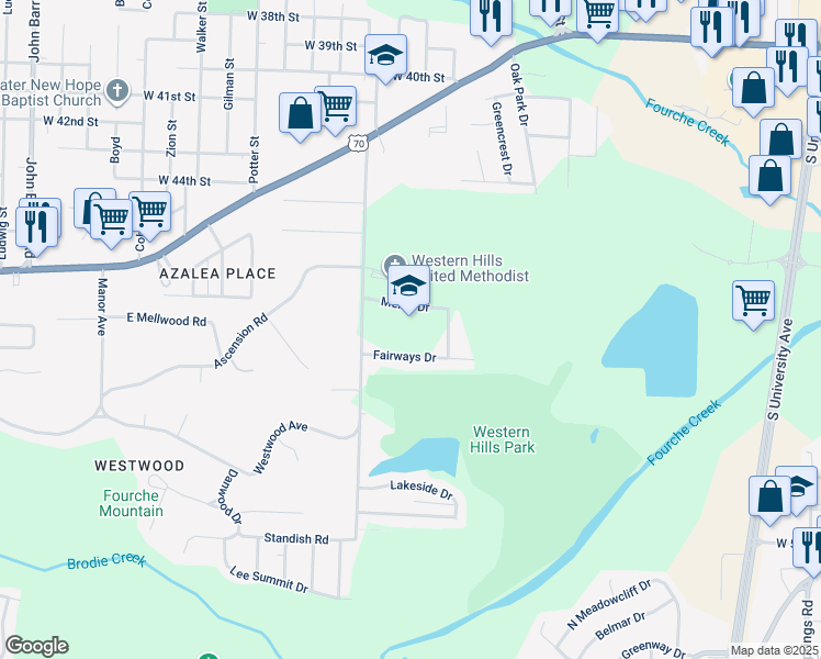 map of restaurants, bars, coffee shops, grocery stores, and more near 4901 Western Hills Avenue in Little Rock