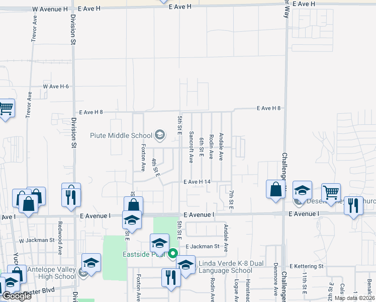 map of restaurants, bars, coffee shops, grocery stores, and more near 45437 Sancroft Avenue in Lancaster