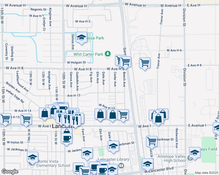 map of restaurants, bars, coffee shops, grocery stores, and more near 45417 Corkwood Avenue in Lancaster