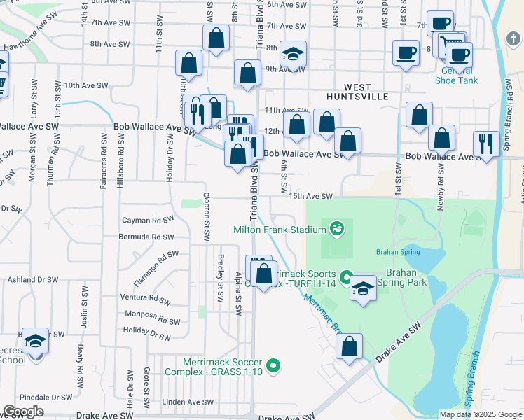 map of restaurants, bars, coffee shops, grocery stores, and more near 3002 Woodway Drive Southwest in Huntsville