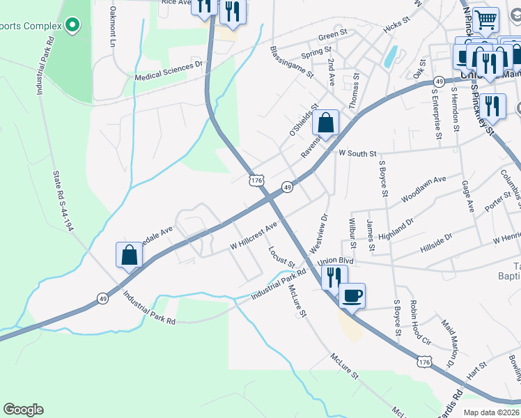 map of restaurants, bars, coffee shops, grocery stores, and more near 1107 West Main Street in Union