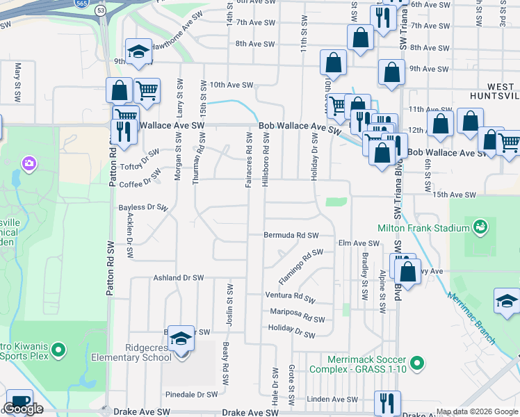 map of restaurants, bars, coffee shops, grocery stores, and more near 3523 Bluegrass Road Southwest in Huntsville